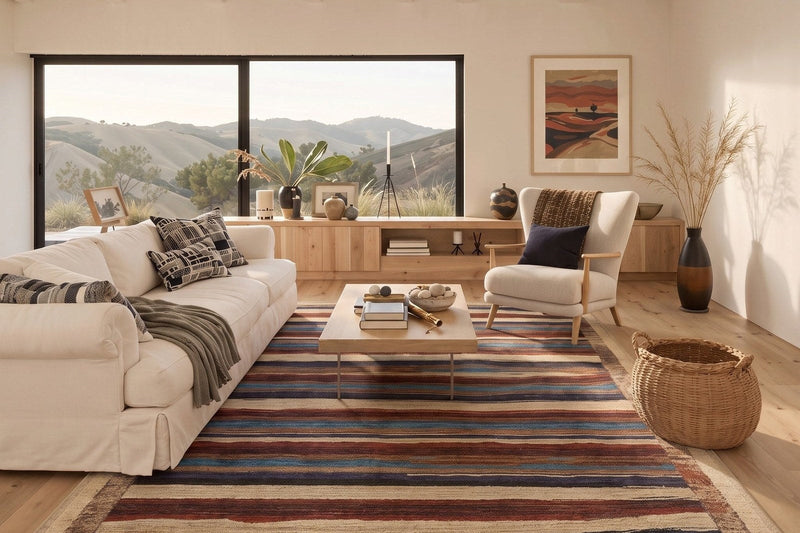Elvara Southwestern Striped Multicolor Rug under a cream sofa, wood coffee table and wicker basket by a hillside window
