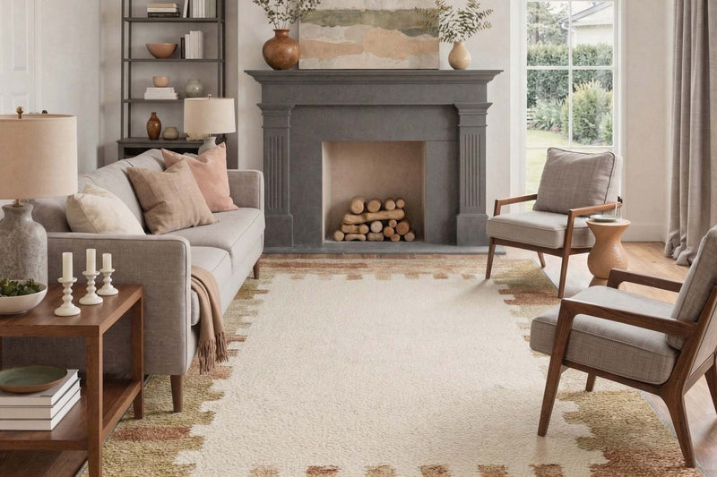 Noris Minimalist Texture Rug in cream with a terracotta border under a light gray sofa and armchairs