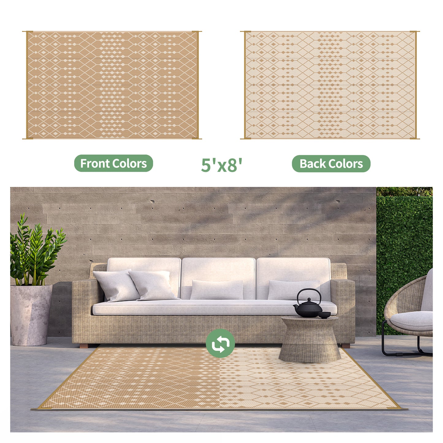 GENIMO Outdoor Boho Rug for Patio Clearance, Waterproof Reversible, Plastic Straw Mat, Brown & Beige
