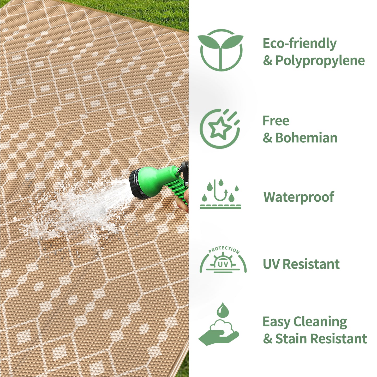 GENIMO Outdoor Boho Rug for Patio Clearance, Waterproof Reversible, Plastic Straw Mat, Brown & Beige