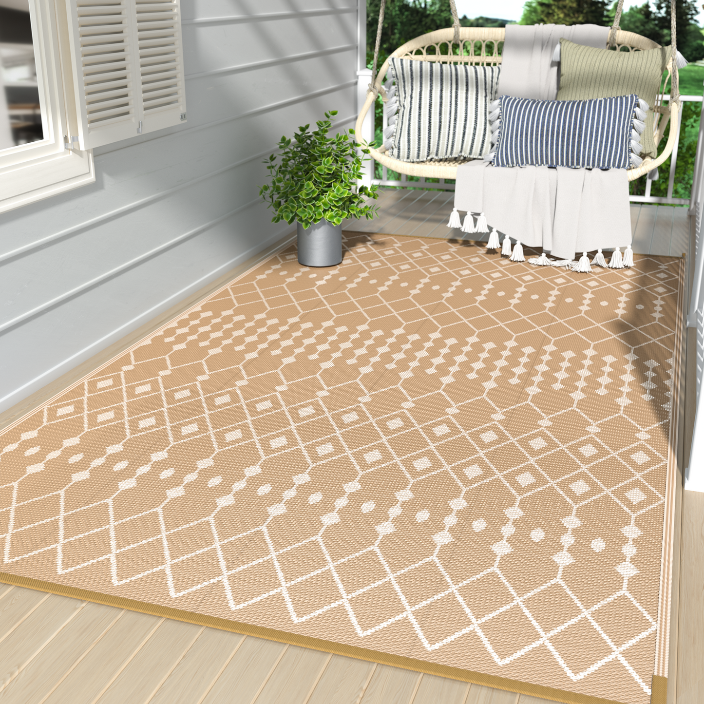 GENIMO Outdoor Boho Rug for Patio Clearance, Waterproof Reversible, Plastic Straw Mat, Brown & Beige