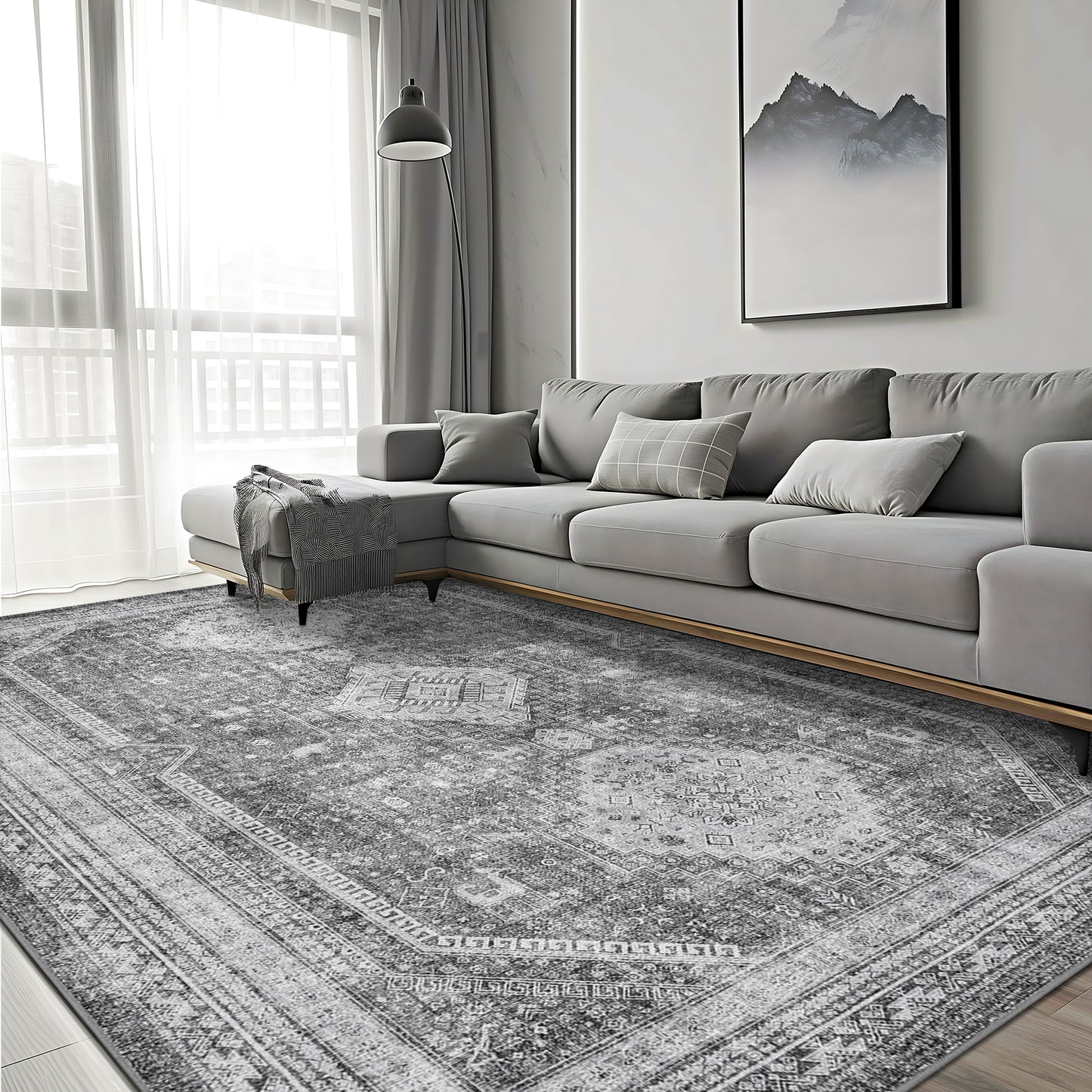 GENIMO Machine Washable Rugs Non Slip Carpet with Gripper, Gray
