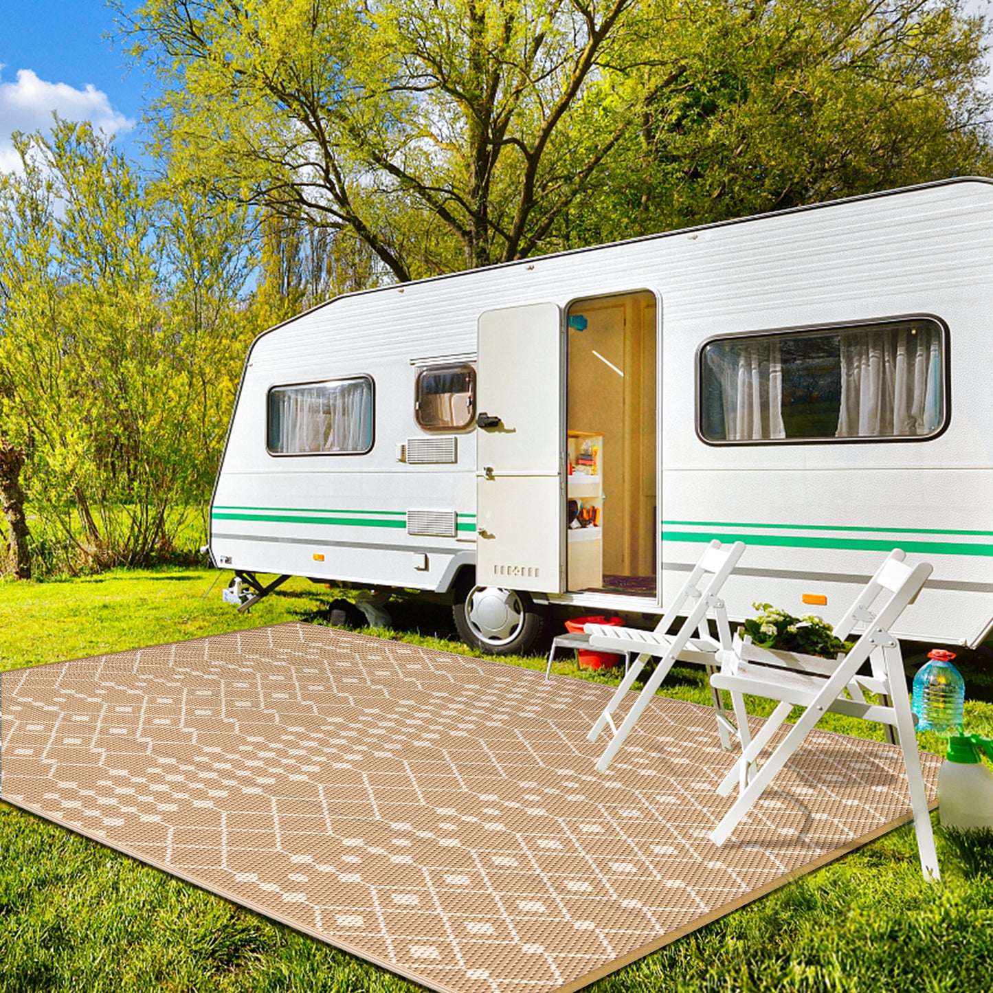 GENIMO Outdoor Boho Rug for Patio Clearance, Waterproof Reversible, Plastic Straw Mat, Brown & Beige