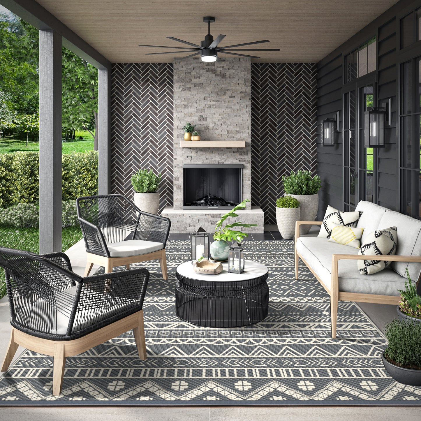 GENIMO Boho Outdoor Rugs for Patios, Waterproof Plastic Straw Rug, Grey & White