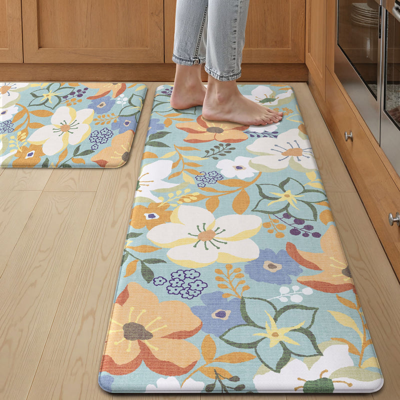 Meadow 2Pcs Floral Anti-Fatigue Padded Mat in kitchen with person standing barefoot on colorful mat