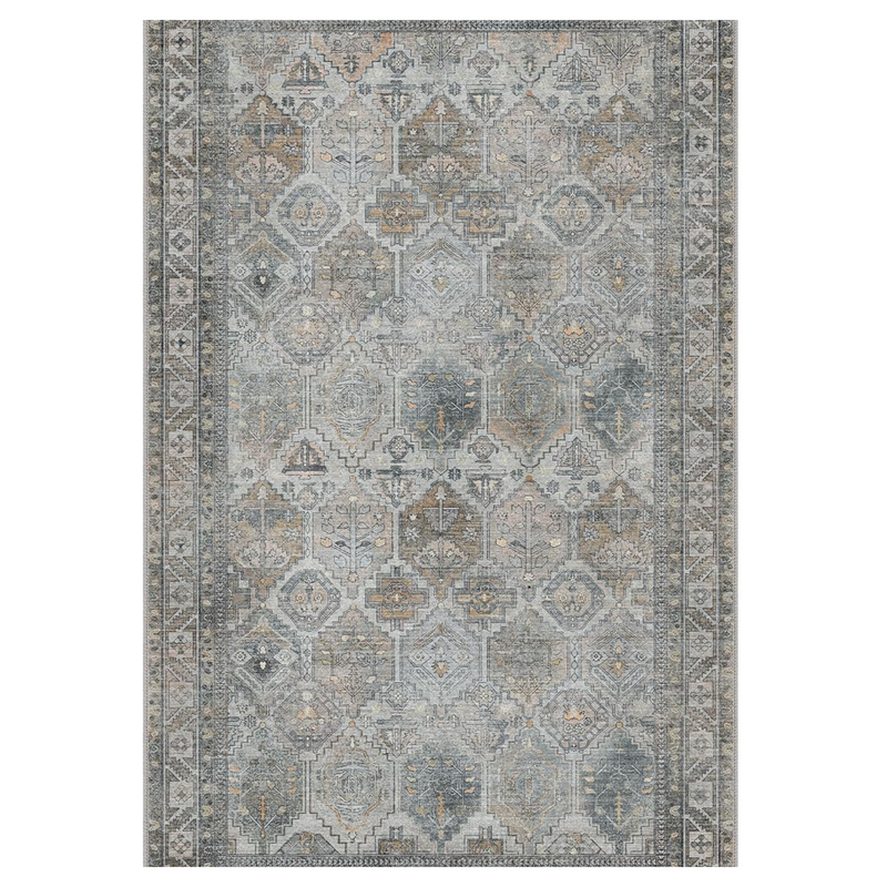 Tareen Washable Vintage Boho Gray Rug with tan and blue geometric medallion pattern displayed flat