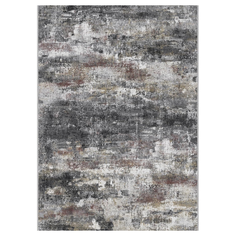 Fluxa Modern Abstract Print Soft Dark Gray Rug shown flat in close-up with abstract distressed pattern in dark gray
