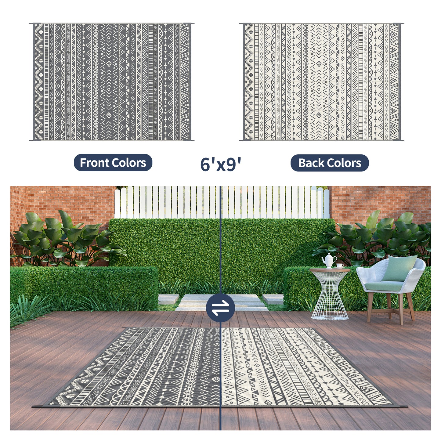 GENIMO Boho Outdoor Rugs for Patios, Waterproof Plastic Straw Rug, Grey & White