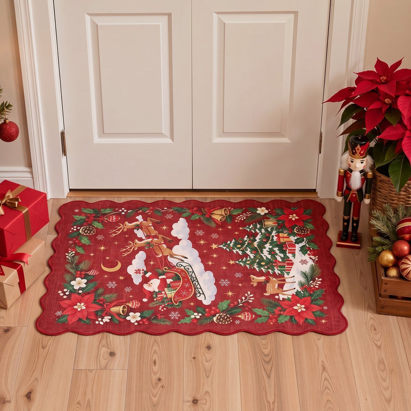 Blitza Washable Scalloped Christmas Holiday Red Rug 2x3 placed at a welcoming front door entryway