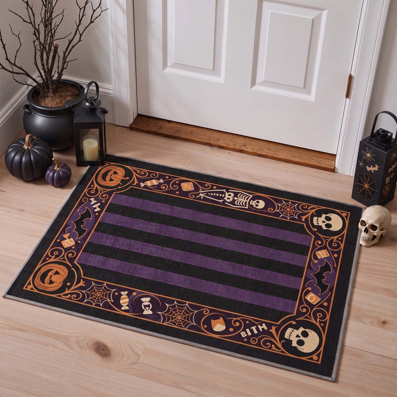 Sorvi Washable Halloween Stripe Purple Rug on wood flooring in entryway with purple and black stripes and skull border