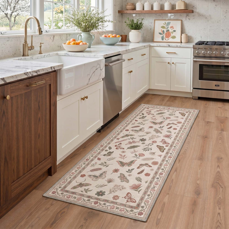 Oria Washable Butterflies Botanical Rug on wood kitchen floor with cream background and burgundy butterflies