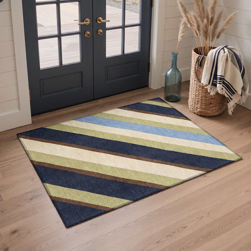 Marel Washable Modern Striped Sage Rug 3x5 placed at a welcoming front door entryway