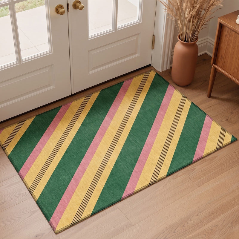 Rivela Washable Summer Modern Diagonal Striped Yellow Rug 3x5 placed at a welcoming front door entryway
