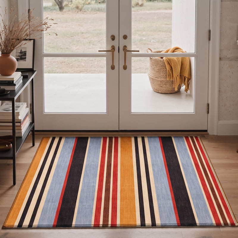 Rovela Washable Modern Striped Multicolor Rug 3x5 placed at a welcoming front door entryway