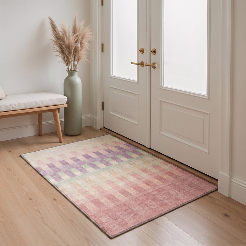 Tavela Washable Modern Plaid Beige Rug 3x5 placed at a welcoming front door entryway