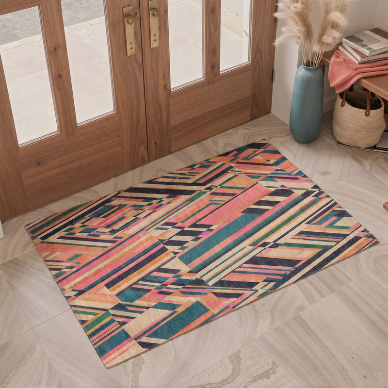 Zavra Washable Modern Geometric Stripe Multicolor Rug 3x5 placed at a welcoming front door entryway
