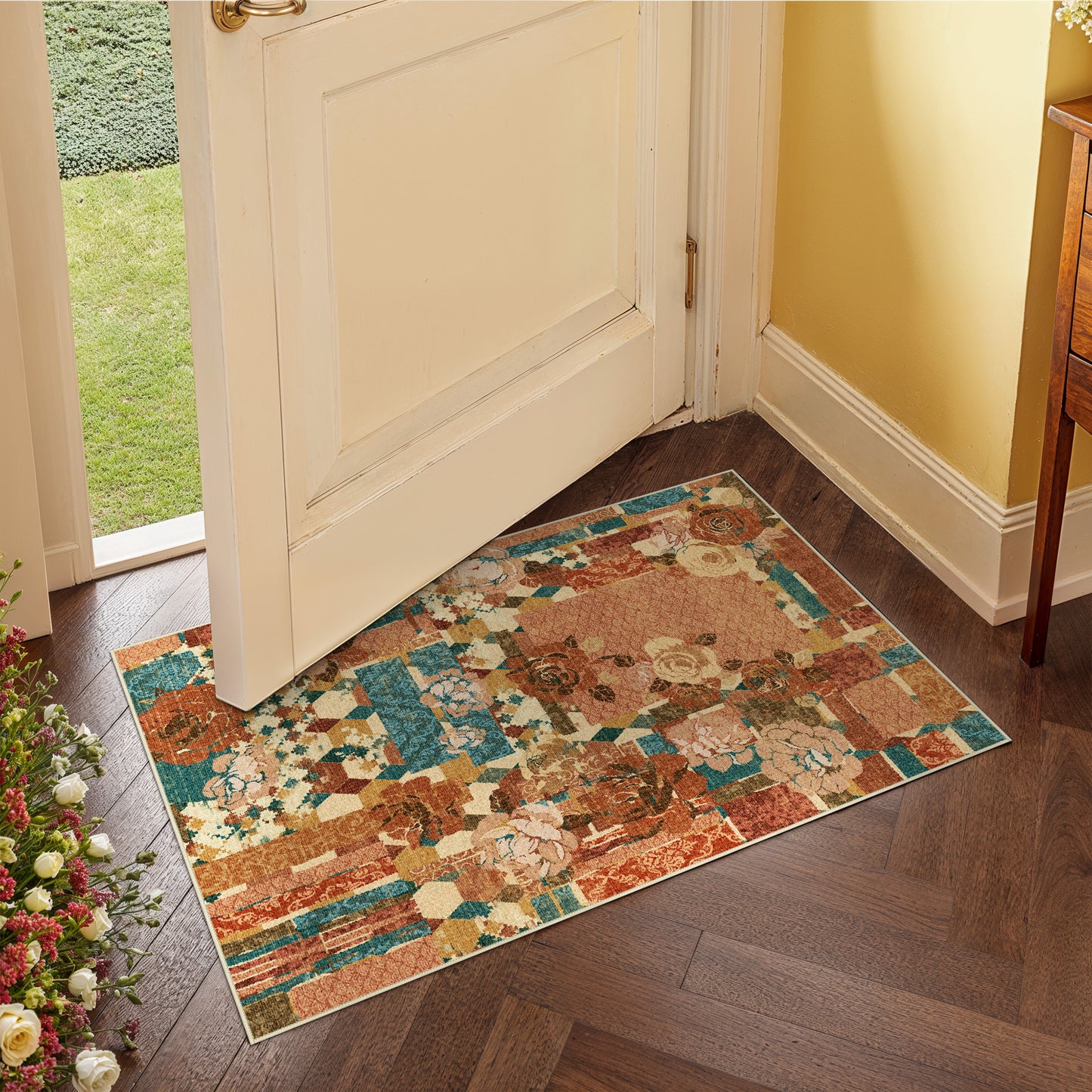 GENIMO Machine Washable Non Slip Vintage Floral Patchwork Area Rug
