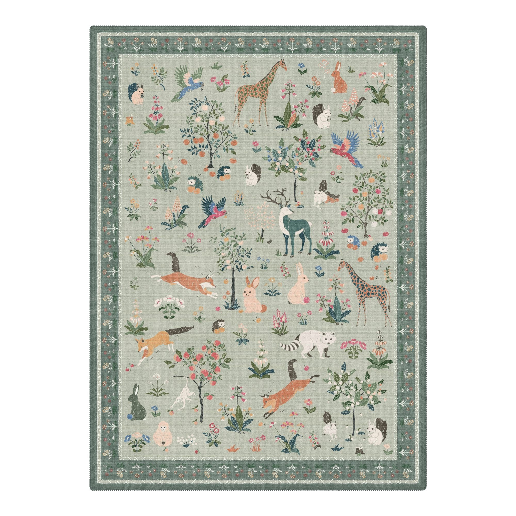 Aven Forest Animal Washable Rug in Sage | GENIMO