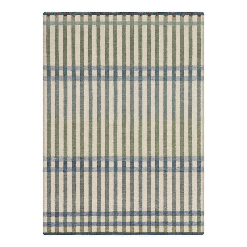 Rilen Washable Minimalism Striped Green Rug, flat product shot showing vertical stripes in green, cream, and blue