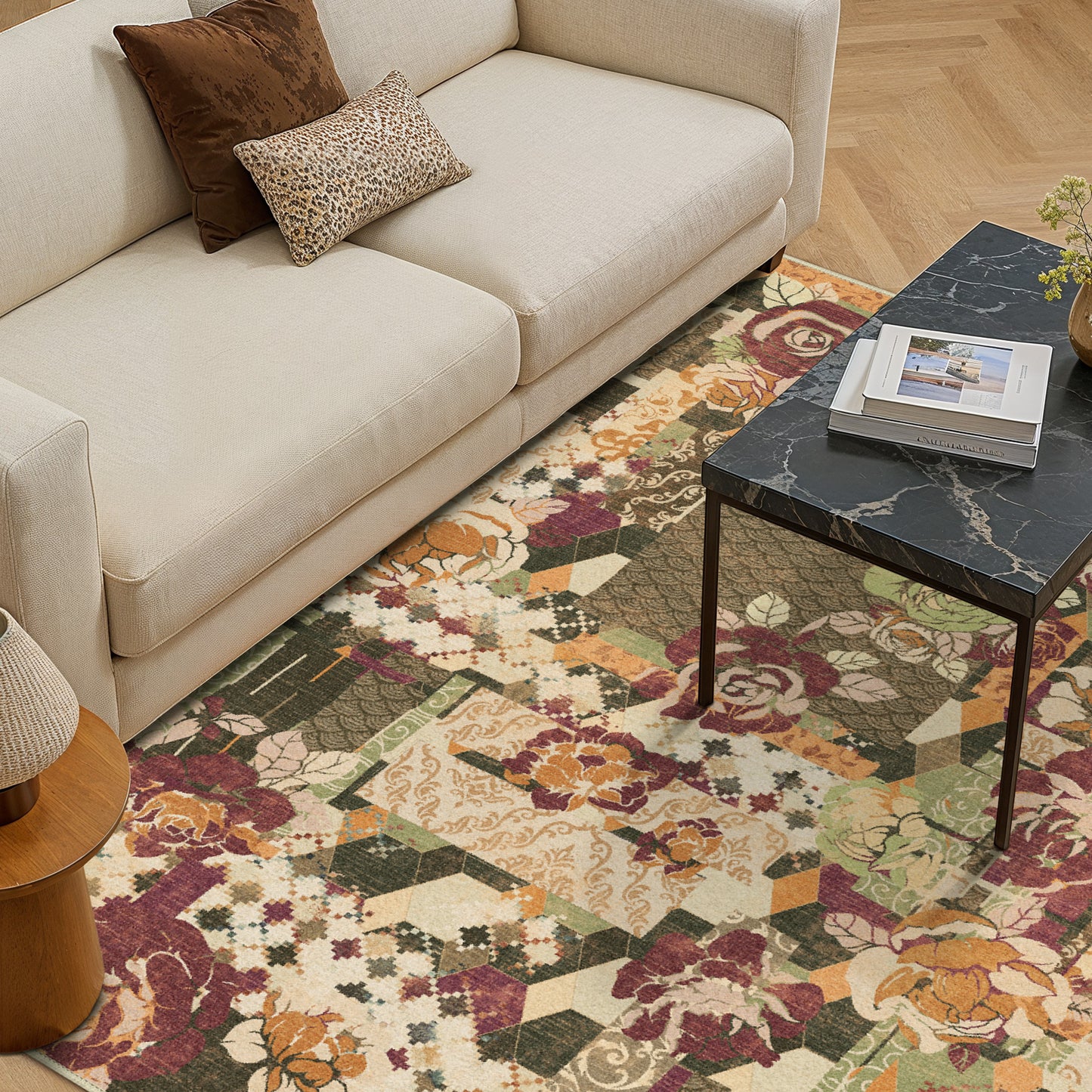 GENIMO Machine Washable Non Slip Vintage Floral Patchwork Area Rug