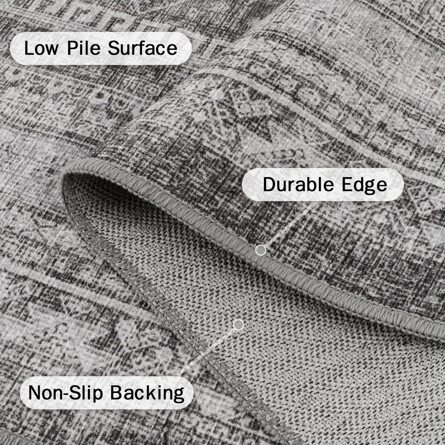 GENIMO Machine Washable Rugs Non Slip Carpet with Gripper, Gray