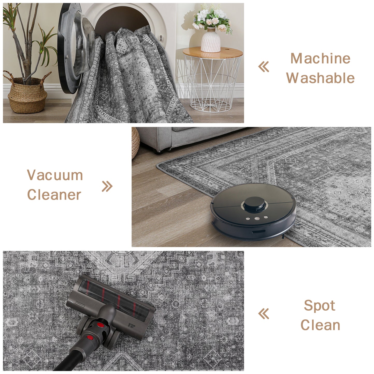 GENIMO Machine Washable Rugs Non Slip Carpet with Gripper, Gray