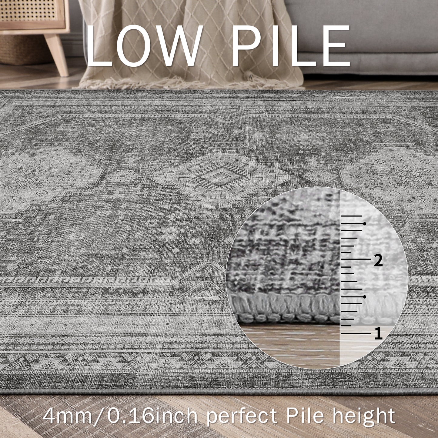 GENIMO Machine Washable Rugs Non Slip Carpet with Gripper, Gray