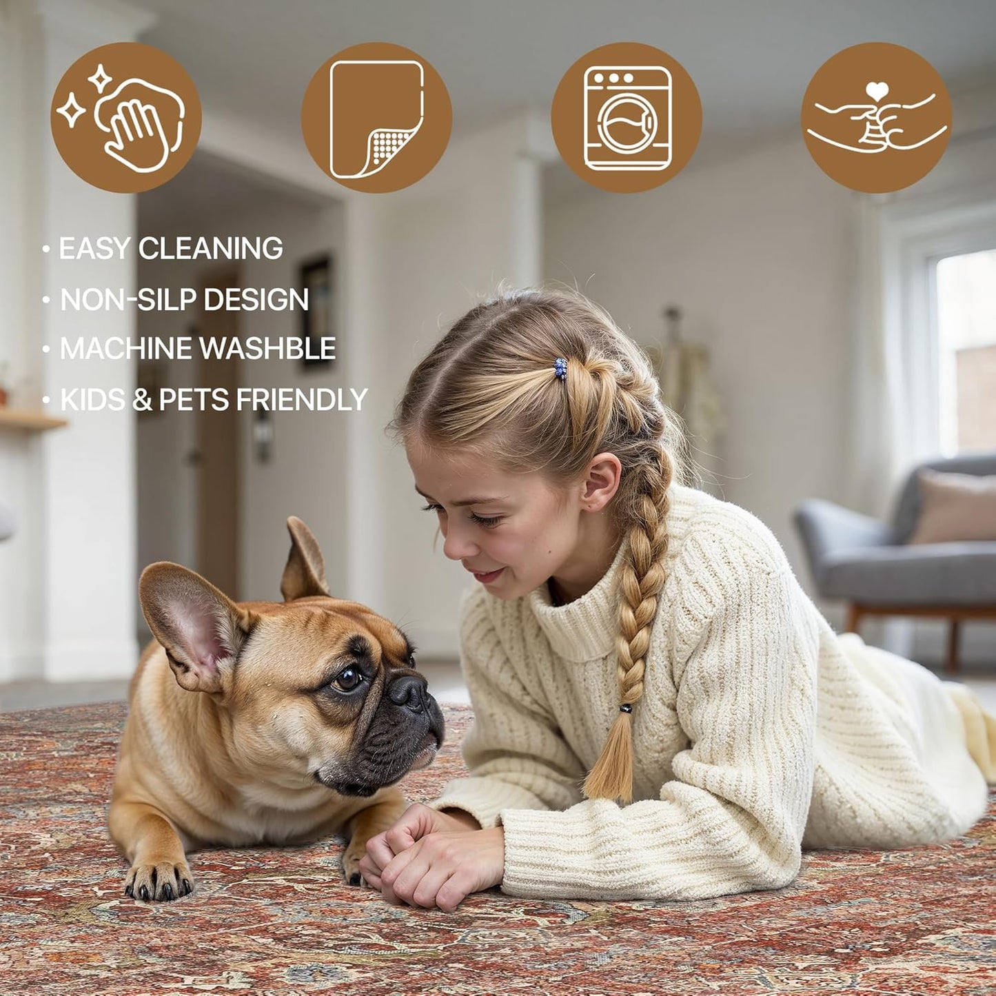 GENIMO Machine Washable Rugs Non Slip Carpet with Gripper AR1005
