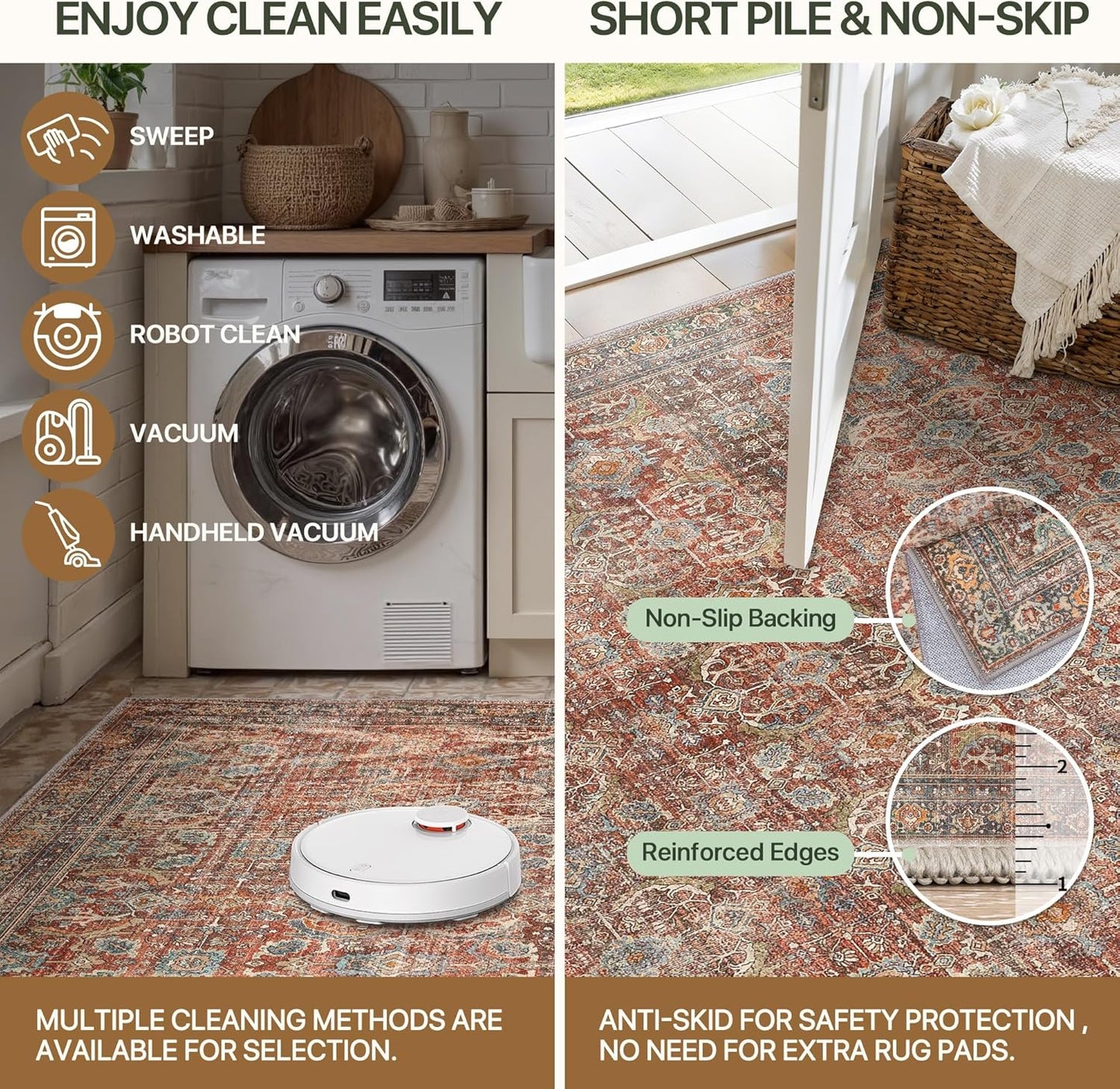 GENIMO Machine Washable Rugs Non Slip Carpet with Gripper AR1005