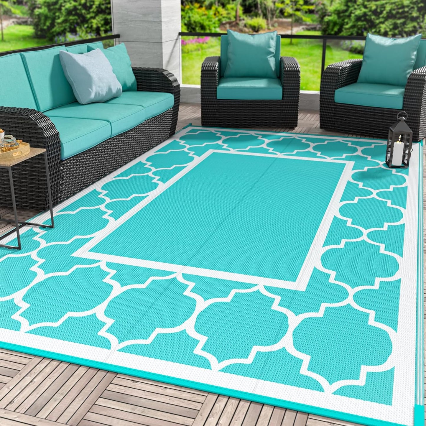 GENIMO Symmetrical Geometric Aesthetic Waterproof Reversible Outdoor Rug Blue