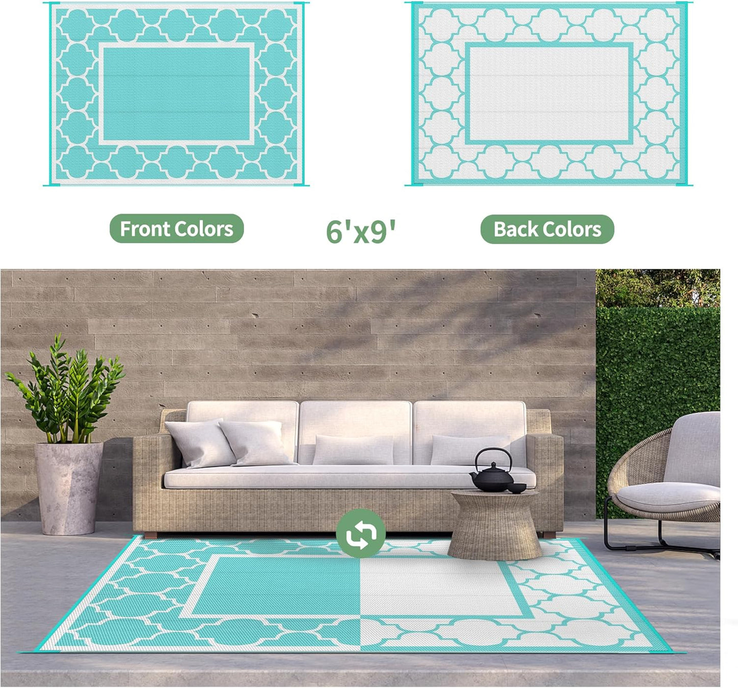 GENIMO Symmetrical Geometric Aesthetic Waterproof Reversible Outdoor Rug Blue