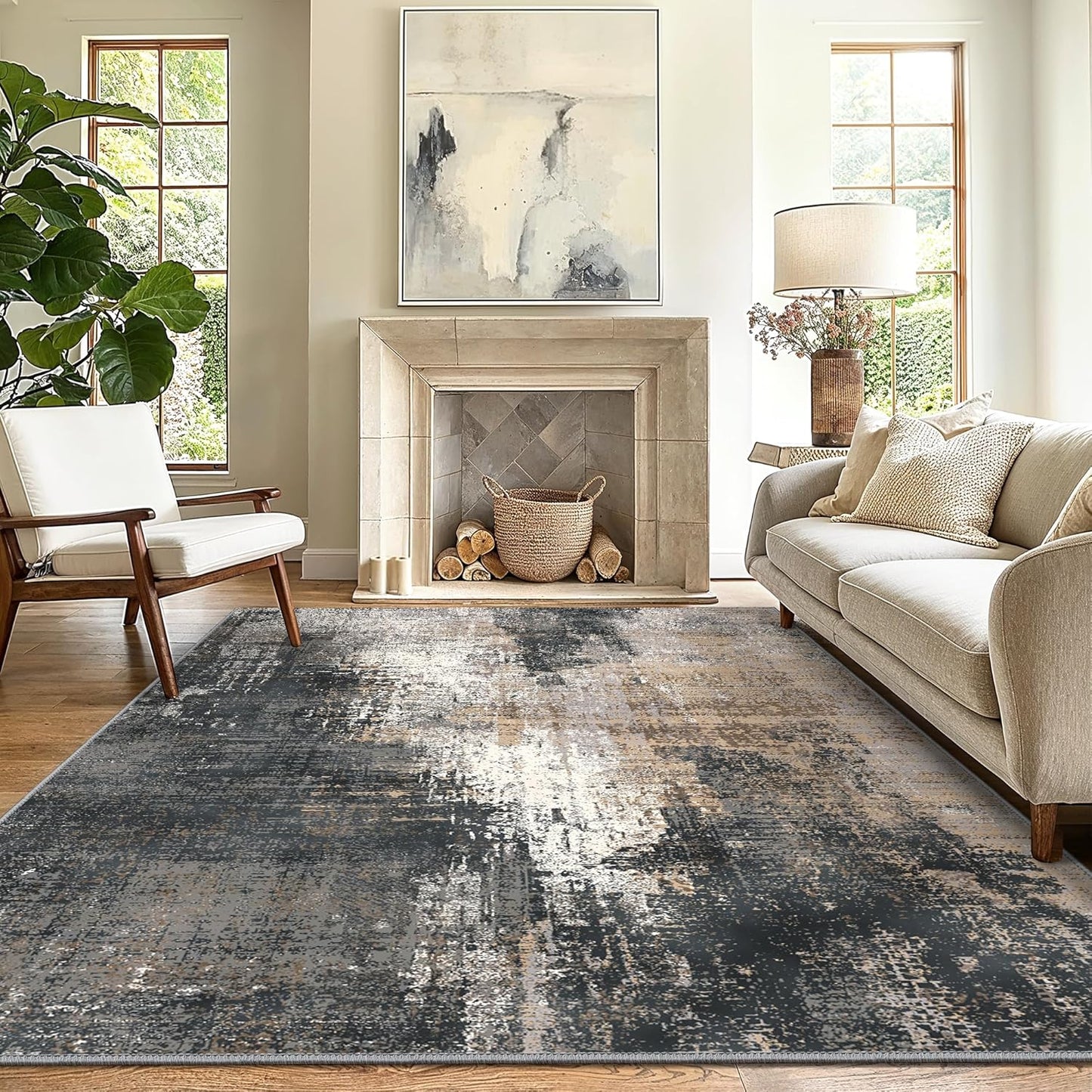 GENIMO Washable Area Rug Modern Black Urban Mist