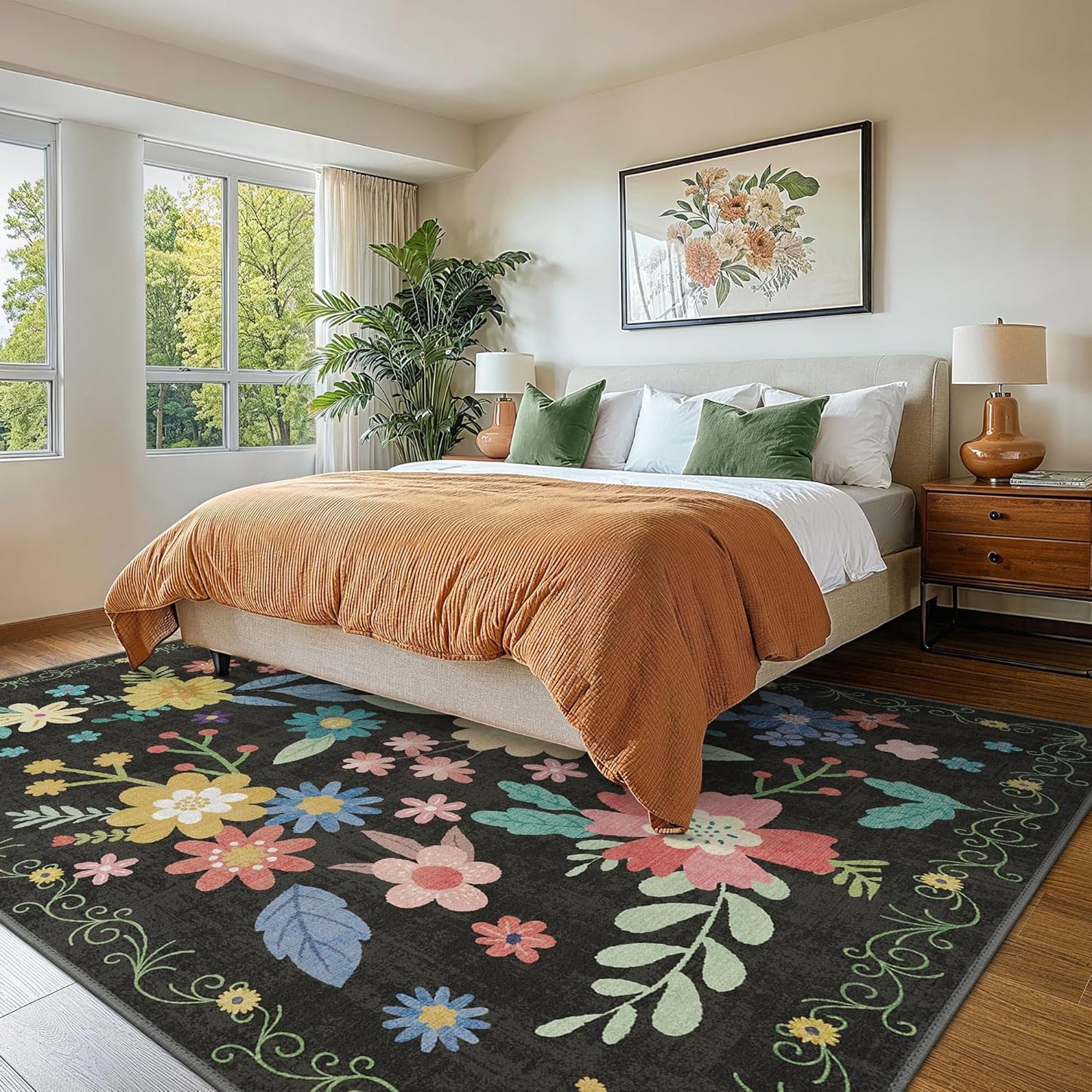 GENIMO Large Floral Print Non-Slip Kids Pet Friendly Area Rug