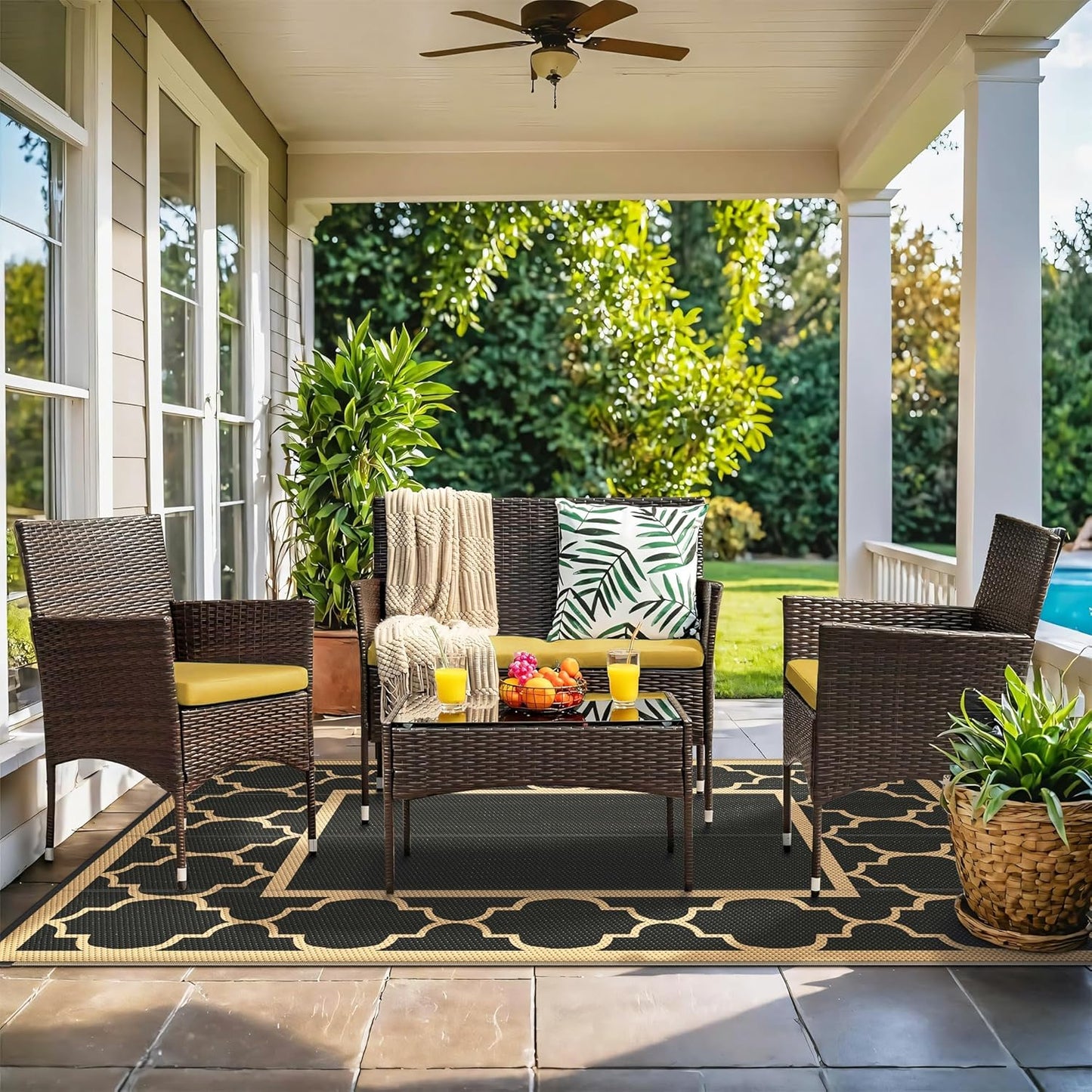 GENIMO Symmetrical Geometric Aesthetic Waterproof Reversible Outdoor Rug Black