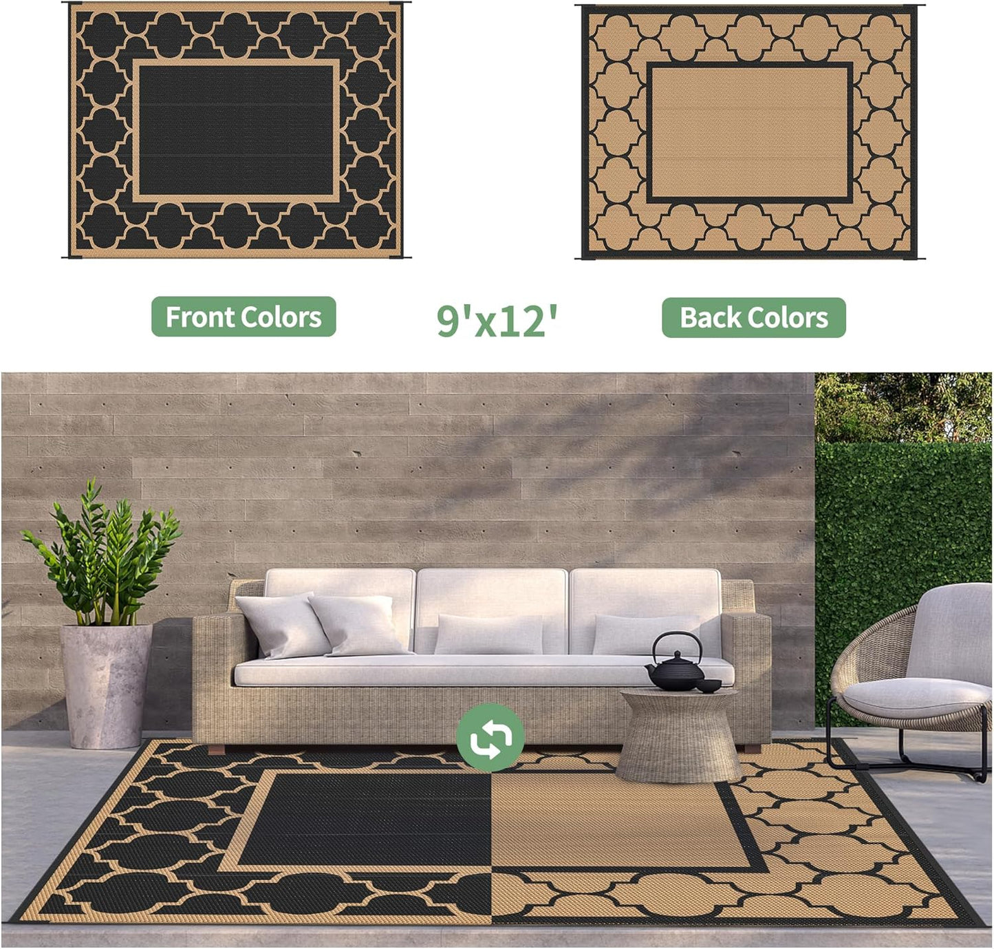 GENIMO Symmetrical Geometric Aesthetic Waterproof Reversible Outdoor Rug Black