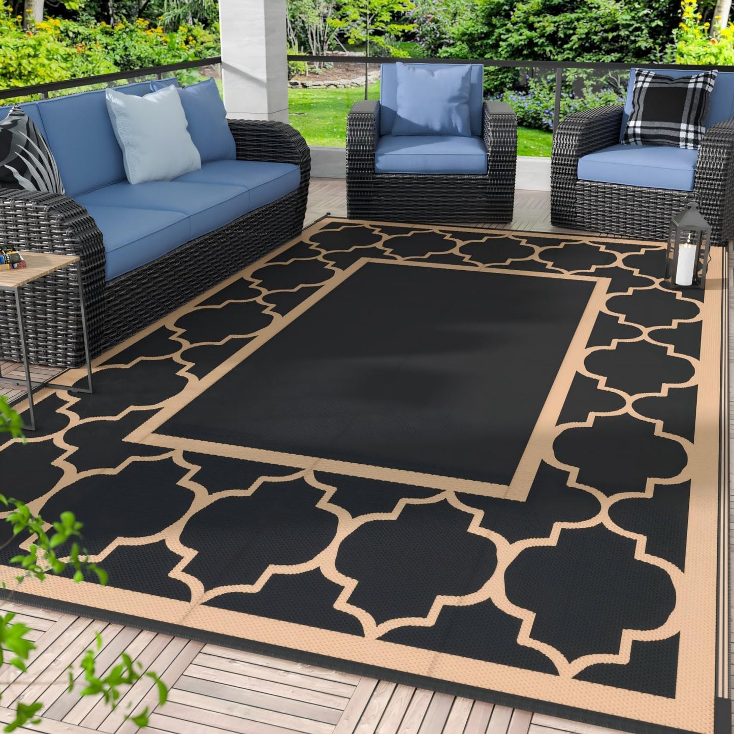 GENIMO Symmetrical Geometric Aesthetic Waterproof Reversible Outdoor Rug Black