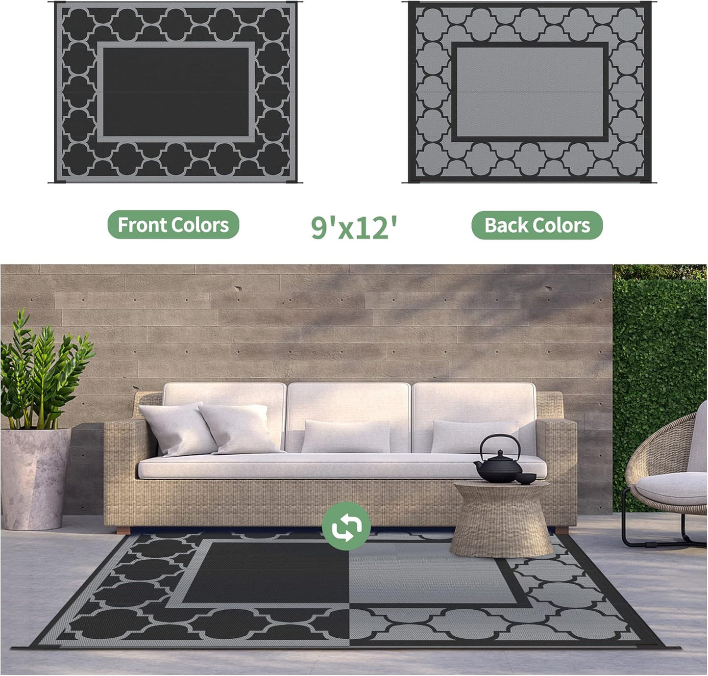 GENIMO Symmetrical Geometric Aesthetic Waterproof Reversible Outdoor Rug Black