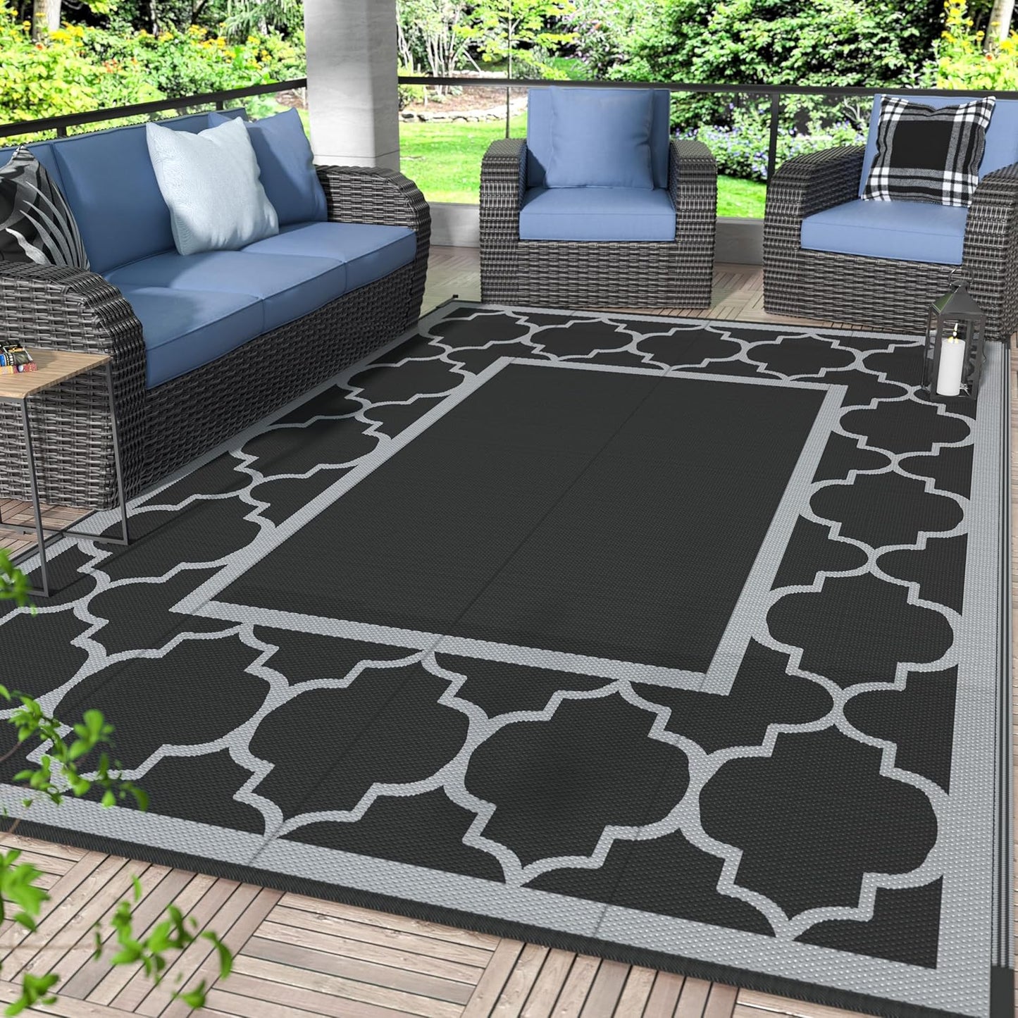 GENIMO Symmetrical Geometric Aesthetic Waterproof Reversible Outdoor Rug Black
