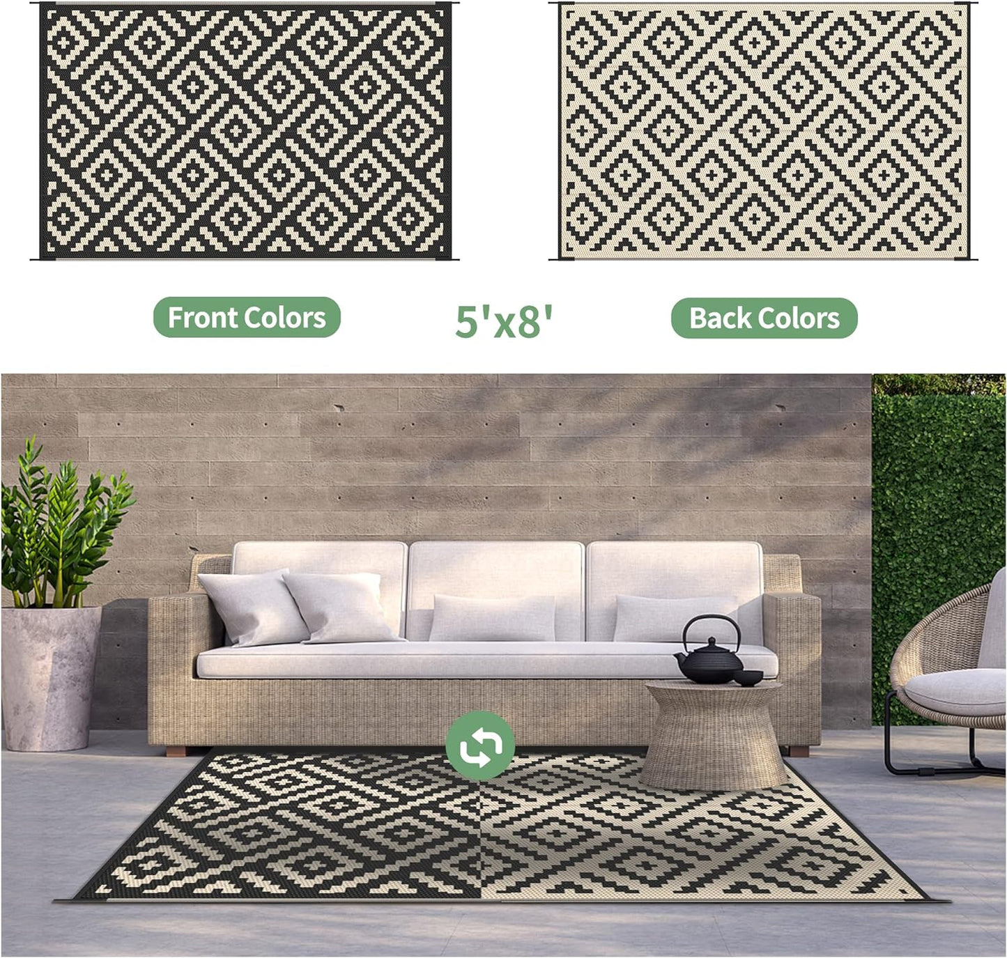 GENIMO Rhombic Printed Double Sided Waterproof Outdoor Rug Black