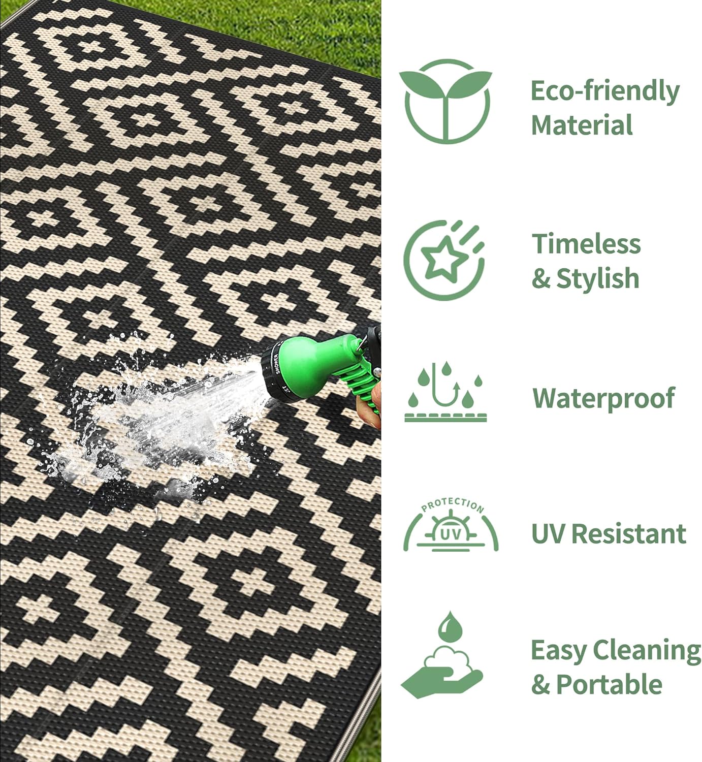 GENIMO Rhombic Printed Double Sided Waterproof Outdoor Rug Black