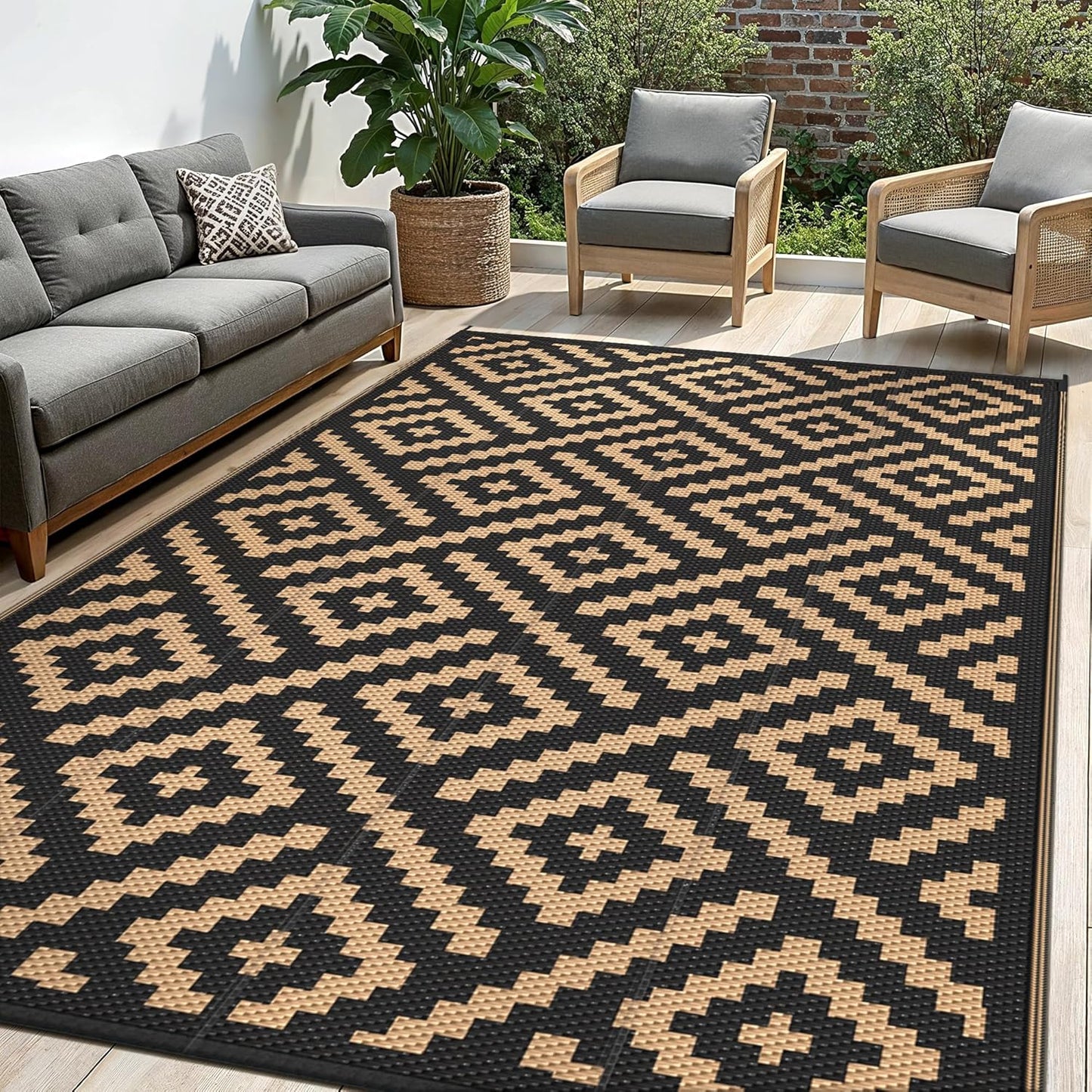 GENIMO Rhombic Printed Double Sided Waterproof Outdoor Rug Black