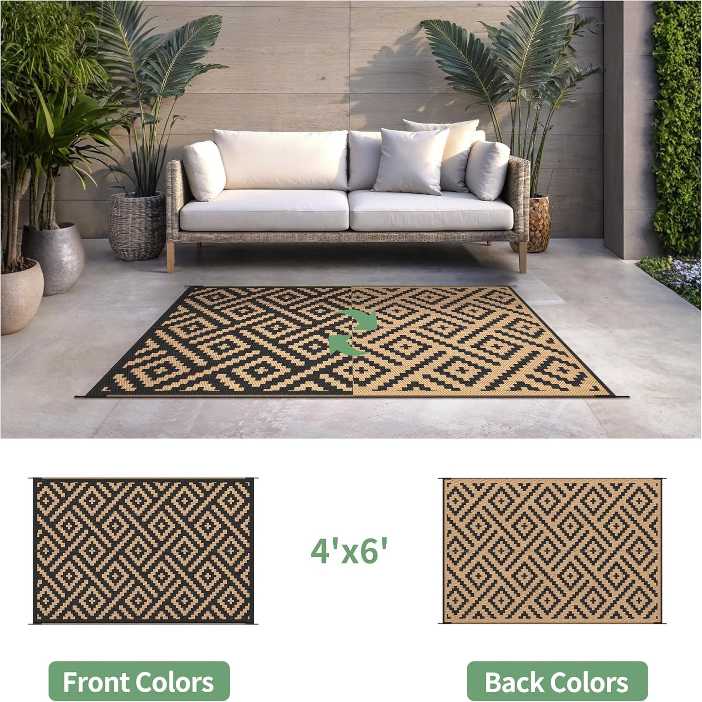 GENIMO Rhombic Printed Double Sided Waterproof Outdoor Rug Black