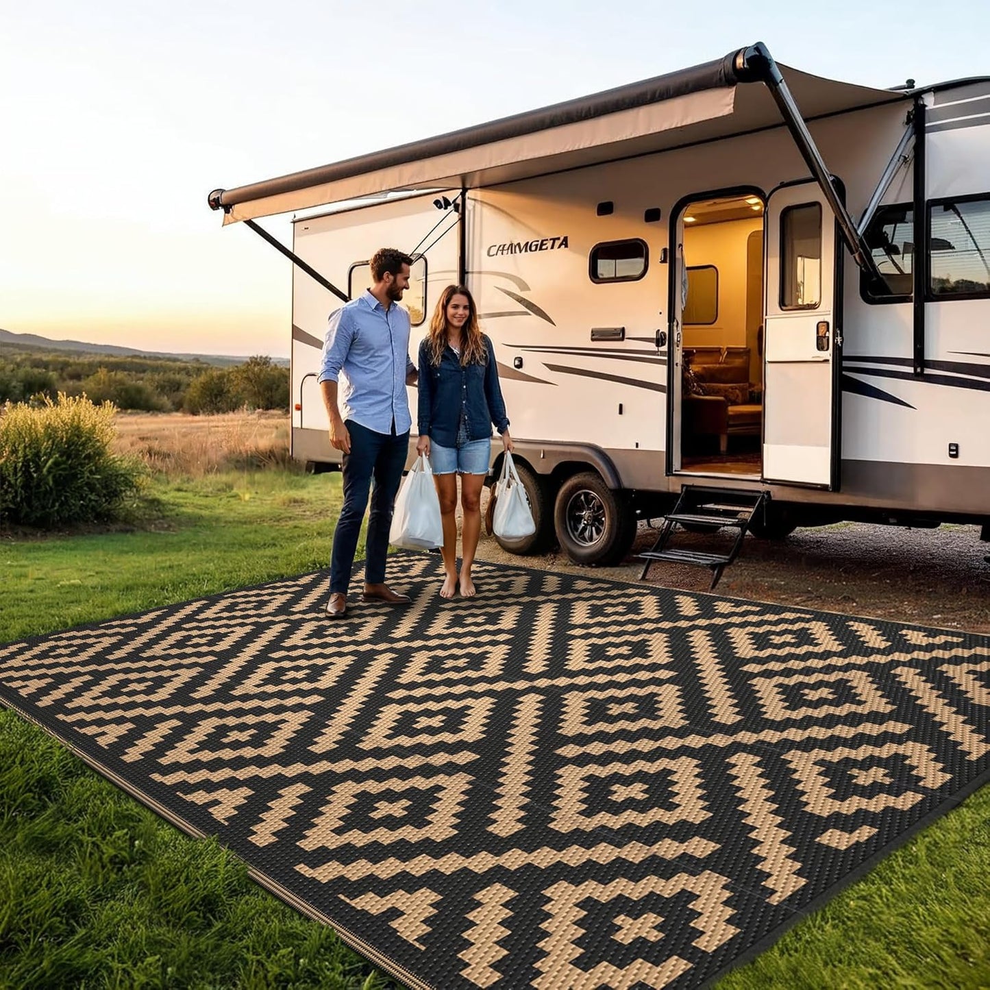 GENIMO Rhombic Printed Double Sided Waterproof Outdoor Rug Black