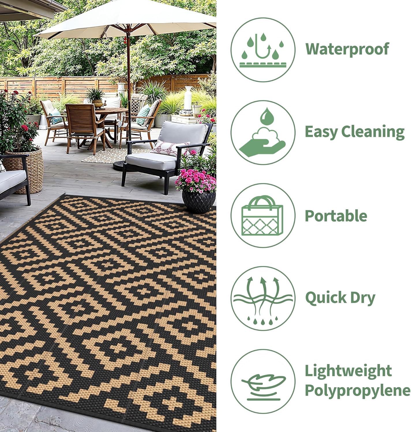GENIMO Rhombic Printed Double Sided Waterproof Outdoor Rug Black
