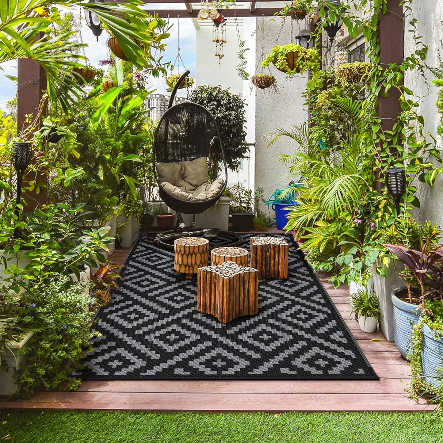 GENIMO Rhombic Printed Double Sided Waterproof Outdoor Rug Black