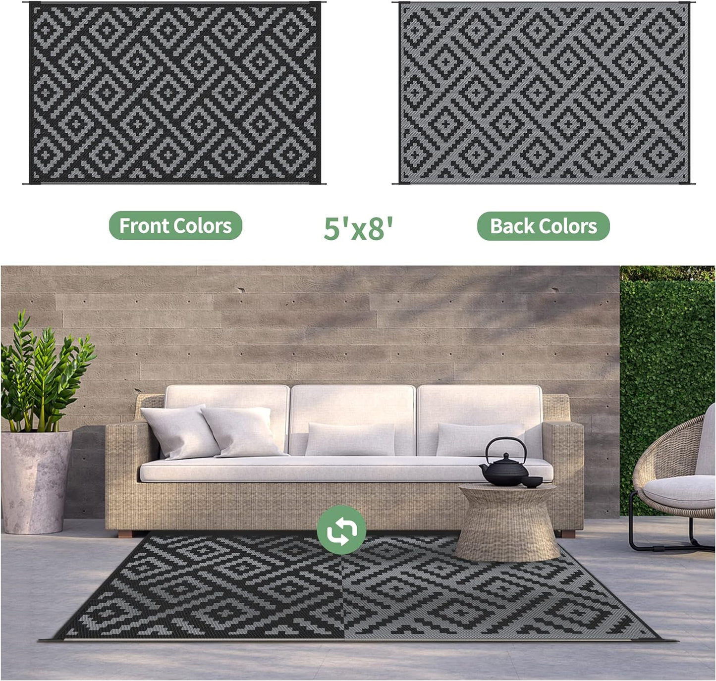 GENIMO Rhombic Printed Double Sided Waterproof Outdoor Rug Black