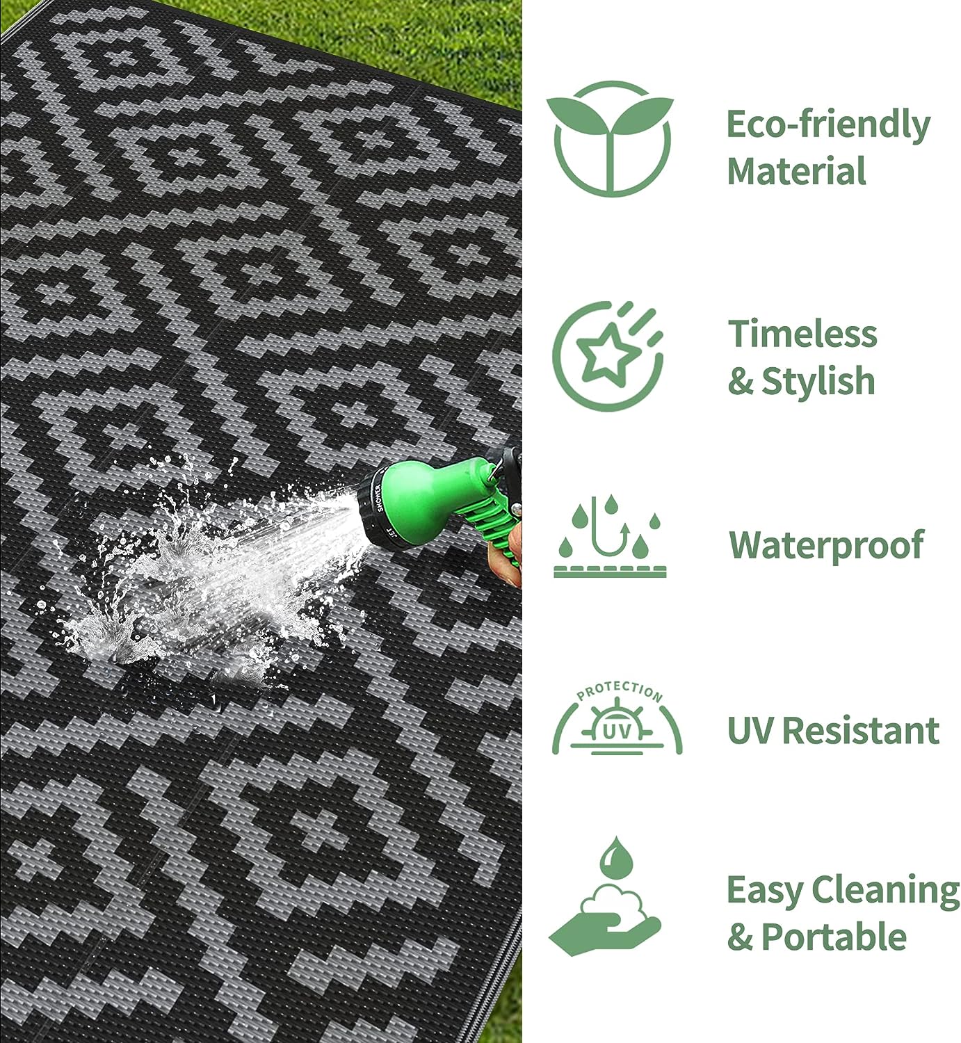 GENIMO Rhombic Printed Double Sided Waterproof Outdoor Rug Black