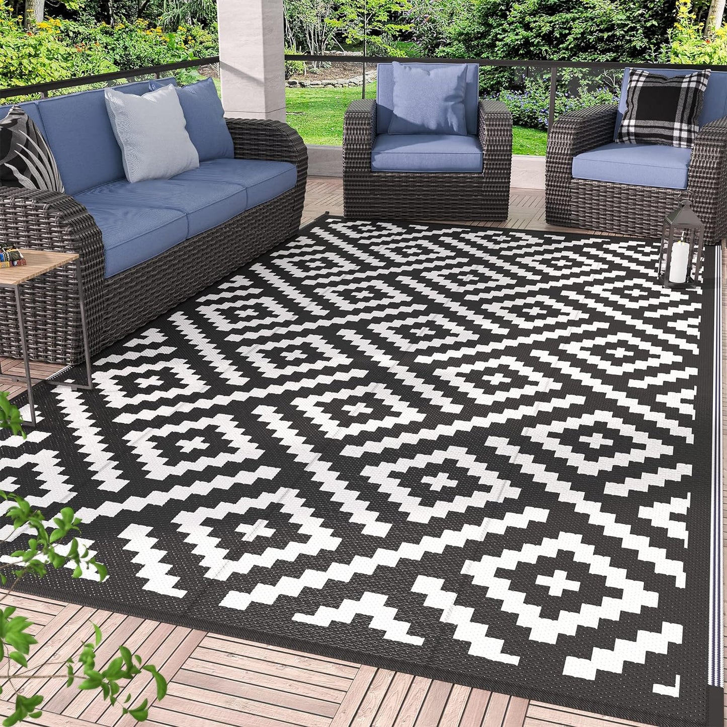 GENIMO Rhombic Printed Double Sided Waterproof Outdoor Rug Black