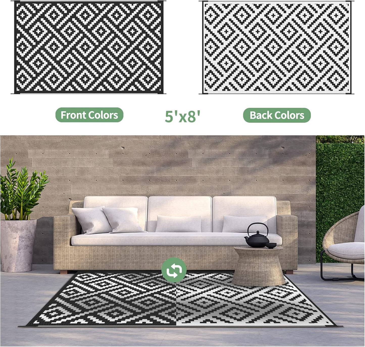 GENIMO Rhombic Printed Double Sided Waterproof Outdoor Rug Black