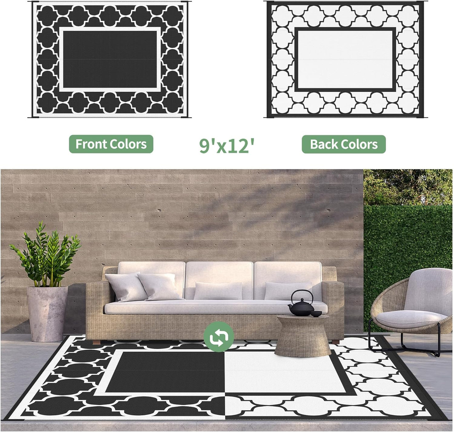 GENIMO Symmetrical Geometric Aesthetic Waterproof Reversible Outdoor Rug Black